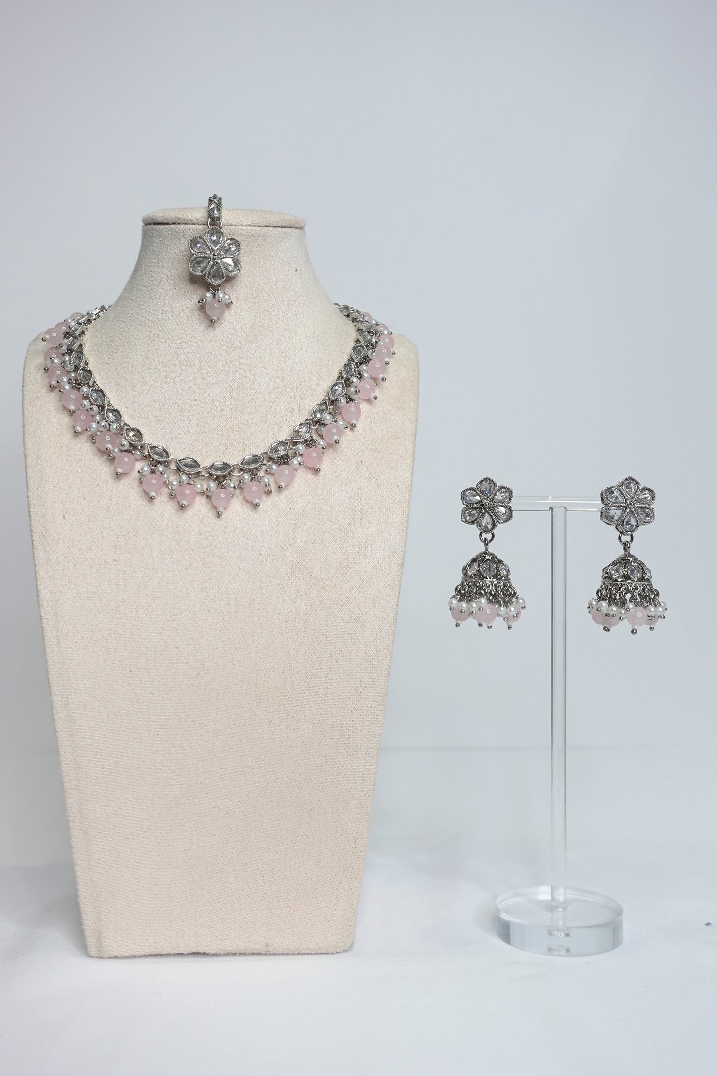Silver & Pink Kundan Set - 207