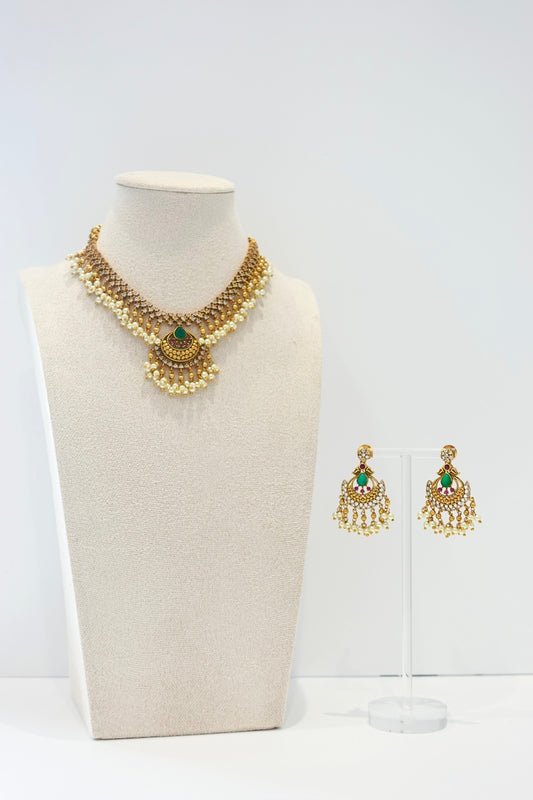 Matte Finish Ruby Green Necklace Set - 134
