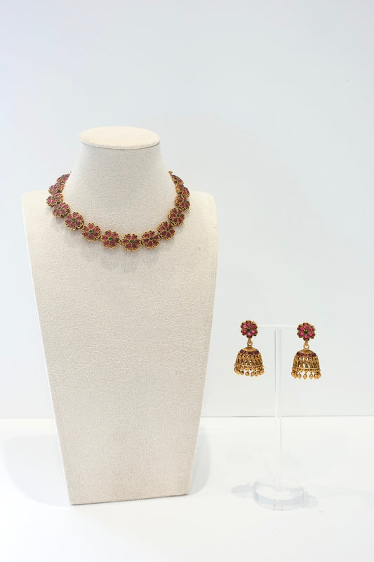 Pink and Green Flower Pattern Necklace Set - 81